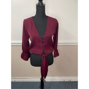 NWT Red by BKE Buckle Burgundy Tie Front Blouse V-Neck Button Up Size X-Small
